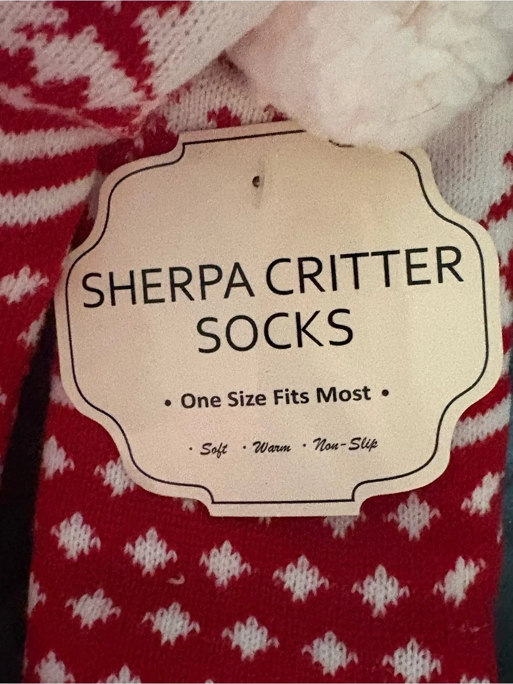 Red & White non-slip “fleece” Sherpa Critter Socks OS NWT